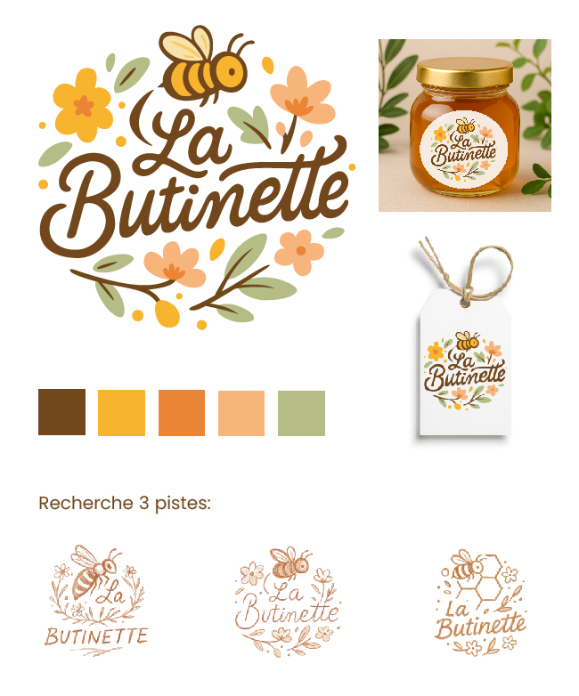 Identité visuelle La Butinette avec logo illustré, palette de couleurs, étiquette de miel et recherches de logo